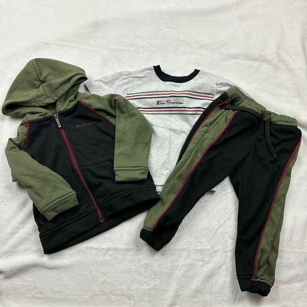 Ben Sherman Outfit Set Boy's 3T Green Black 3 Piece Pants Sweater Shirt